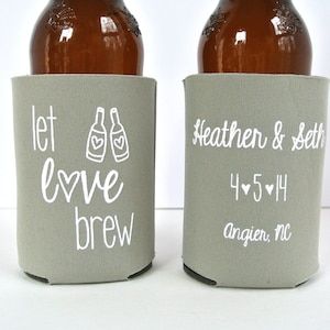 Wedding Favors - Let Love Brew Personalized Wedding Can Coolers, Reception Favors for Guests, Stubby Holders, Beer Insulators, Rustic Fall