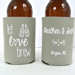 Wedding Favors Let Love Brew Personalized Wedding Can Coolers, Reception Favors for Guests, Stubby Holders, Beer Insulators, Rustic Fall image 1