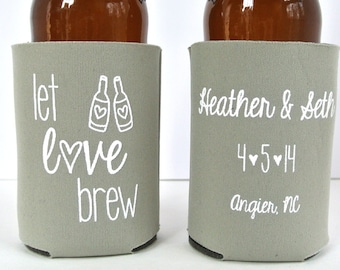 Wedding Favors - Let Love Brew Personalized Wedding Can Coolers, Reception Favors for Guests, Stubby Holders, Beer Insulators, Rustic Fall