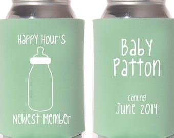 Baby Shower Favors - Happy Hour's Newest Member Personalized Can Coolers, Coed Gender Reveal Party Gifts, Stubby Holders, Beer Insulators