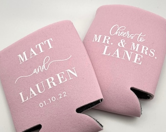 Cheers Married Name Personalized Wedding Can Coolers - Wedding Favors for Guests, Welcome Bag Ideas, Beer Coolers, Wedding Shower Favors