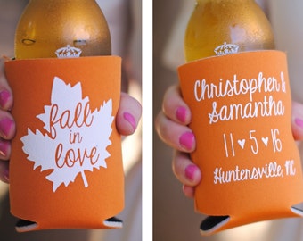 Fall In Love Wedding Favors for Guests - Personalized Can Coolers, Destination Wedding Ideas, Fall Mountain Wedding, Rustic Wedding Decor