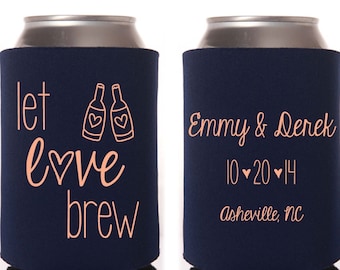 Let Love Brew Personalized Wedding Can Coolers - Custom Wedding Welcome Bag Favors for Guests in Bulk, Destination Fall Rustic Wedding Ideas