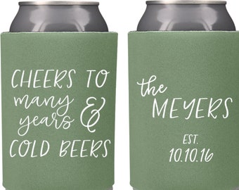 Cheers to Many Years and Cold Beers Personalized Wedding Can Coolers - Customized Welcome Bag Favors for Guests, Destination Fall Weddings