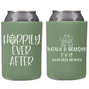 Hoppily Ever After Brewery Wedding Favors | Custom Can Coolers | Fun Brewery Wedding Ideas | Craft Beer Bottle Wedding Coolies | Beer Favors