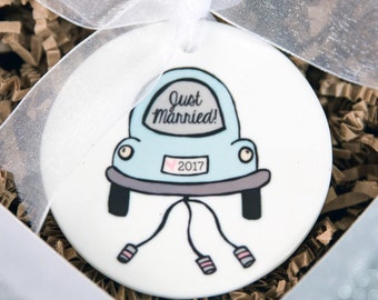 Just Married Christmas Ornament, Our First Christmas Ornament, Wedding Gifts, Just Married Car Ornament, Xmas Decorations, Holiday Gift