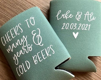Cheers to Many Years and Cold Beers Custom Wedding Can Coolers | I Do BBQ Favors | Rustic Wedding I Beer Favors | Brewery Wedding Coolers