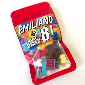 May include: A red plastic pouch with a clear window containing assorted small colorful building blocks. The label features a pattern of interlocking bricks and the text: EMILIANO is 8! THANKS FOR BUILDING MEMORIES!