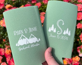 Wedding Favors - Custom Personalized Wedding Can Coolers, Reception Favors, Mountain Wedding 12oz SLIM