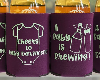 A Baby is Brewing/Cheers to Baby Personalized Baby Shower Can Coolers - Gender Reveal Favors, Beer Coolers for Guests, Party Favors