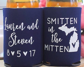 Wedding Favors - Smitten in the Mitten Michigan Personalized Can Coolers, DIY Favors for Guests, Rustic Destination Wedding Can Coolers