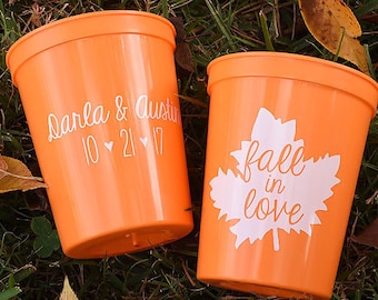Fall Wedding Favors - Fall in Love Rustic Personalized Wedding Cups, Shower Favors for Guests, Wedding Reception Party Cups, Stadium Cups
