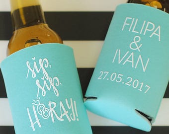 Wedding Favors for Guests - Sip Sip Hooray Personalized Wedding Can Coolers, Destination Wedding, Fall Wedding, Beach Wedding Stubby Holders