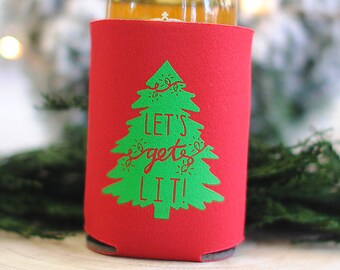 Let's Get Lit Christmas Can Coolers, Christmas party favors, Christmas Party Ugly Sweater Party, Beer Gifts