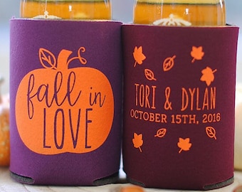 Fall in Love Pumpkin Leaf Personalized Wedding Can Coolers - Wedding Favors for Guests, Destination Mountain Weddings, Welcome Bag Favors