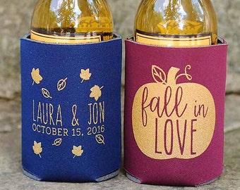 Personalized Fall in Love Fall Rustic Wedding Favors, Wedding Can Coolers, Custom Beverage Insulators, Beer Huggers, Fall Wedding Favor