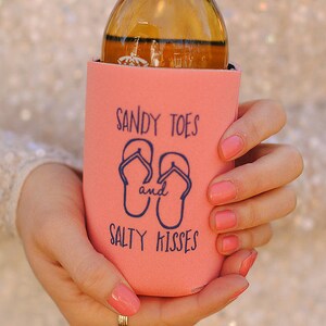 Beach Wedding Favors - Sandy Toes Salty Kisses Personalized Wedding Can Coolers, Reception Favors for Guests, Beer Insulators, Stubby Holder