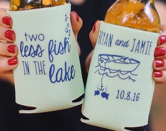 Lake Wedding Favors - 2 Two Less Fish in the LAKE Wedding Can Coolers, Destination Wedding Favors for Guests, Summer, Nautical Wedding