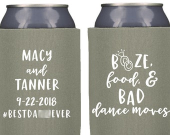 Wedding Favors - Booze, Food, & Bad Dance Moves Personalized Can Coolers, DIY Favors for Guests, Rustic Destination Wedding, Stubby Holders