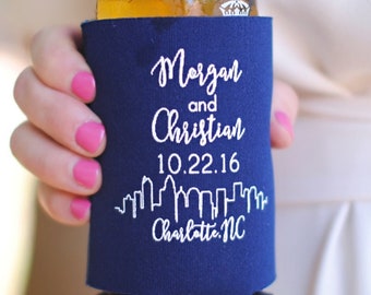 Wedding Favors - Charlotte City Skyline Personalized Wedding Can Coolers, Favors for Guests - Other cities available in Description