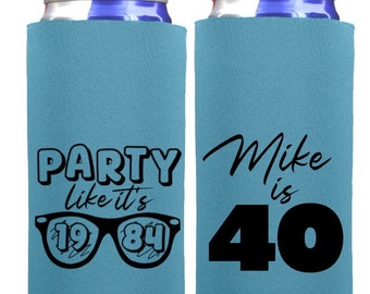 40th Birthday Retro 80s Birthday Party Favors | 40th Birthday Can Coolers | 1980s Birthday | Party Like It's 1984 | 1980 | Slim 12oz