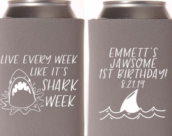 Shark Birthday Party Favors - Personalized Milestone Birthday Party Can Coolers, Party Supplies, 1st Birthday Party Ideas