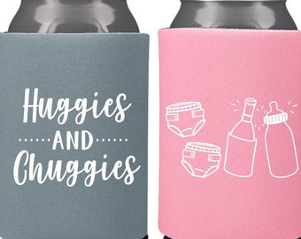 Chuggies Enfriadores de latas de baby shower personalizados - Favores de fiesta de revelación de género para invitados, refranes divertidos de enfriadores de cerveza, favores de baby shower