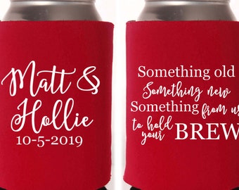 Fall Wedding Favors - Personalized Something Old, Something New Can Coolers, Rustic Favors for Guests, Destination Wedding Stubby Holders