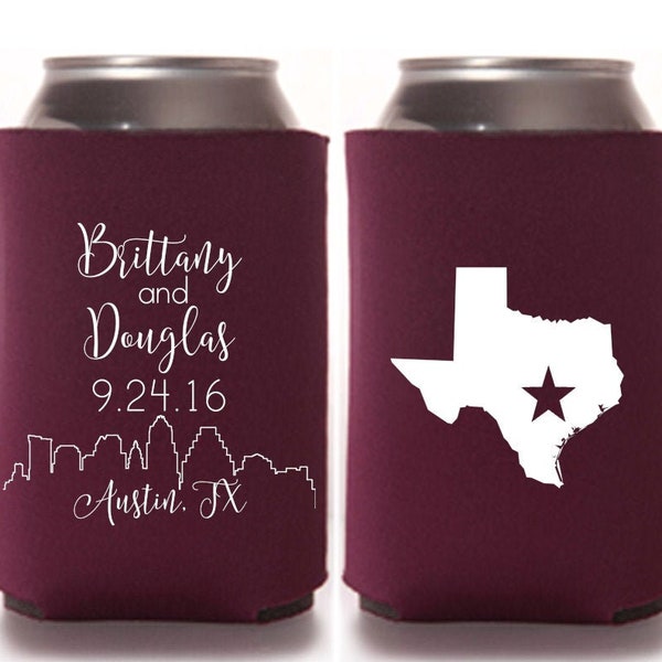 Wedding Favors - Austin City Skyline Personalized Wedding Can Coolers, Reception Favors for Guests - Other Cities Available