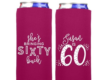 Milestone 60th Birthday Party Can Coolers - Birthday Favors, 60th Birthday, Bringing Sixty Back, Turning 60, Sixtieth Birthday 12 oz slim