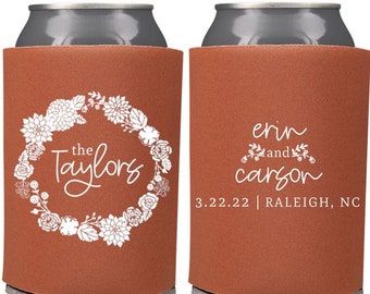 Summer Wedding Favors, Fall Wedding Favors - Dahlia Floral Wreath Monogram Wedding Can Coolers, Reception Favors, Stubby Holders, Peony