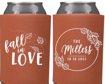 Fall Wedding Favors Personalized Fall in Love Fall Rustic Wedding Favors,Wedding Can Coolers, Beer Huggers, Fall Wedding Favor, Fall Wedding