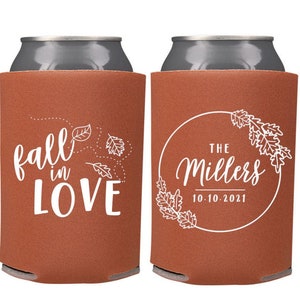 Fall Wedding Favors Personalized Fall in Love Fall Rustic Wedding Favors,Wedding Can Coolers, Beer Huggers, Fall Wedding Favor, Fall Wedding image 1