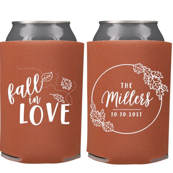Fall Wedding Favors Personalized Fall in Love Fall Rustic Wedding Favors,Wedding Can Coolers, Beer Huggers, Fall Wedding Favor, Fall Wedding