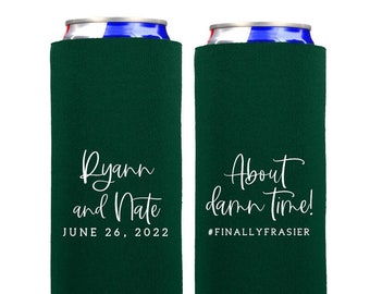 Wedding Favors - Custom Personalized Wedding Can Coolers, Minimalist Modern Wedding Favors - About Damn Time 12oz SLIM
