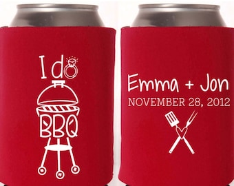 Engagement Party Favors - I Do BBQ Personalized Wedding Shower, Can Coolers, Couples Shower, Beer Insulators, Reception Favors for Guests