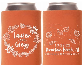 Personalized Fall Foliage Autumn Wedding Can Coolers - Customized Destination Mountain Wedding Favors for Guests, Welcome Bag Ideas