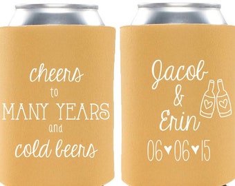 May include: Two yellow can coolers with white text. One cooler says "Cheers to many years and cold beers". The other cooler says "Jacob & Erin 06♥06♥15" with two beer bottles with hearts.