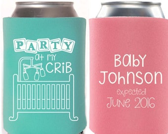 Baby Shower Favors - Party at My Crib Personalized Can Coolers, Coed Gender Reveal Party Accessories, Stubby Holders, Beer Insulators