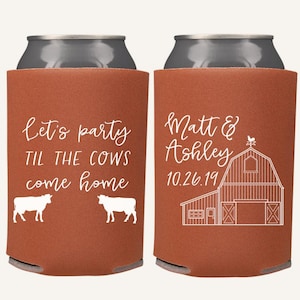 Custom Barn Wedding Can Coolers | Personalized Rustic Cattle Farm Wedding Favors | Southern Country Western Wedding