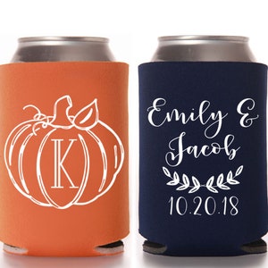 Fall Wedding Favors - Fall Pumpkin Monogram Rustic Personalized Can Coolers, Favors for Guests, Destination Wedding Mountain Stubby Holders