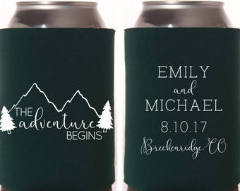 Fall Wedding Favors - Rustic Mountain Wedding Personalized The Adventure Begins Can Coolers, Destination Favors for Guests, Wedding Coolies