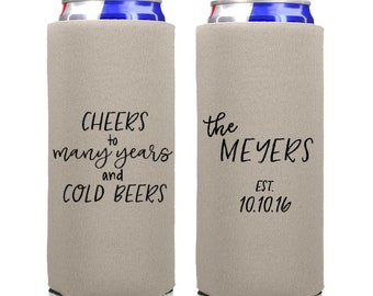 Wedding Favors - Custom Personalized Wedding Can Coolers, Minimalist Wedding Favors, seltzer - Cheers to Many Years 12oz SLIM