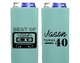 40th Birthday Retro 80s Birthday Party Favors | 40th Birthday Can Coolers | 1980s Birthday | Best of Cassette Tape | 1980 | Slim 12o z