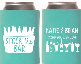 Housewarming Party Favors - Stock the Bar Engagement Party Favors, Personalized Can Coolers, Wedding Shower Favors, Beer Insulators