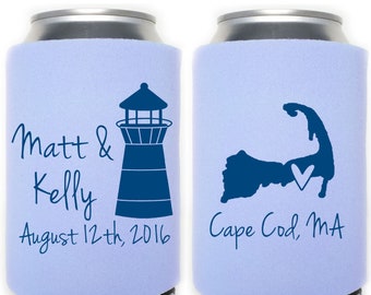 Beach Wedding Favors - Cape Cod Wedding Lighthouse Wedding Personalized Can Coolers, Favors for Guests, Destination Wedding, Summer Wedding