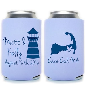 Beach Wedding Favors - Cape Cod Wedding Lighthouse Wedding Personalized Can Coolers, Favors for Guests, Destination Wedding, Summer Wedding