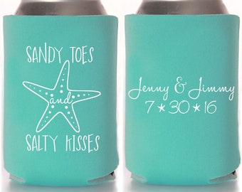 Custom Beach Wedding Favors | Sandy Toes Salty Kisses Personalized Can Coolers