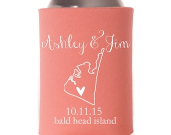 Beach Wedding Favors - Personalized Destination Wedding Can Coolers, Reception Favors for Guests, Stubby Holders, Bald Head Island, Summer