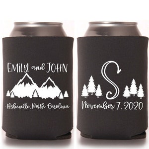 Mountain Wedding Favors for Guests | Custom Wedding Can Coolers | Woodland Wedding | Mountains Destination Wedding | Mountains Wedding